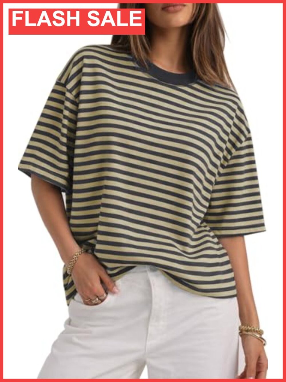Oversized Striped Short Sleeve Crewneck T-Shirt Casual Summer Top